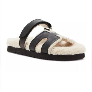 Steve Madden Black and Cream Shearling Sandals